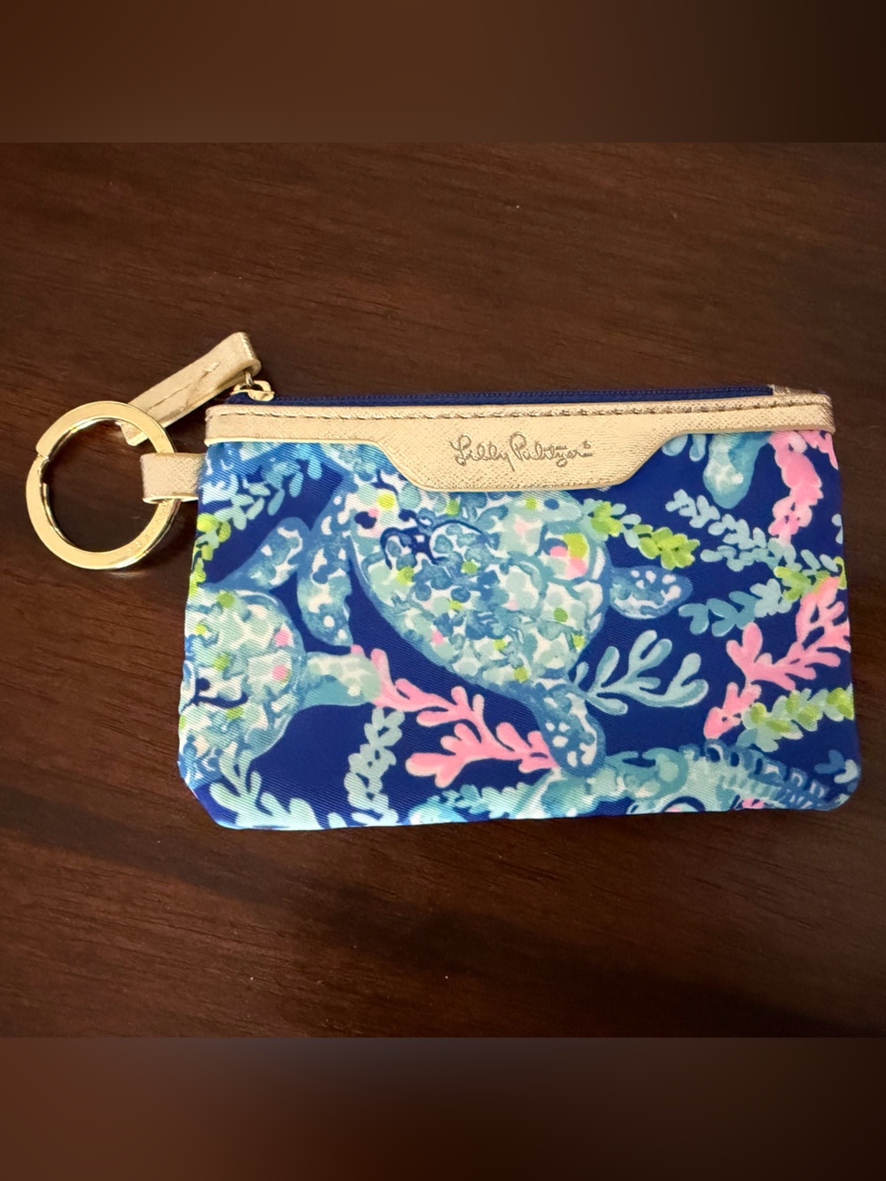 NWOT Lilly Pulitzer Blue Sea Turtle & Coral Zip Wristlet Keychain. 5” x 3”